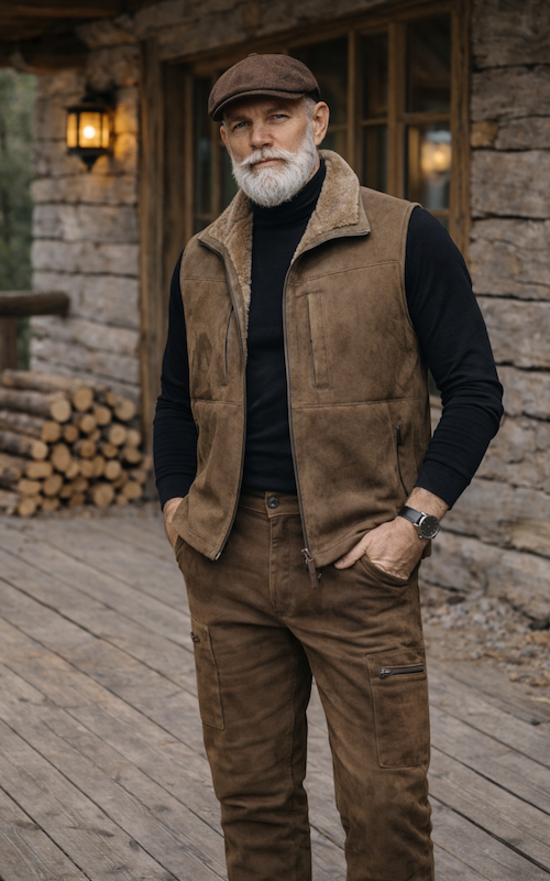 Férfi irha mellény, kekizöld színben