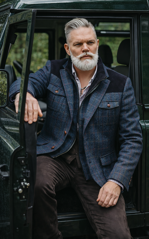 Férfi gyapjúszövet kabát, kockás, kék színben