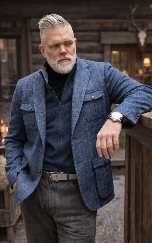 Férfi gyapjúszövet kabát, kockás, szürke bőrkönyök, kék színben