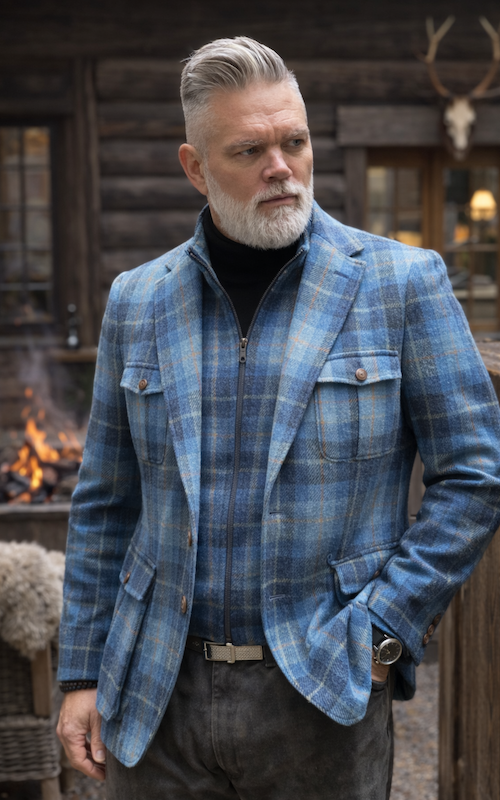 Férfi gyapjúszövet kabát, kockás, világoskék színben