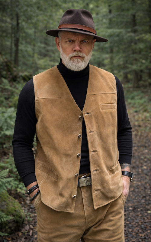 Férfi bőr mellény, világosbarna