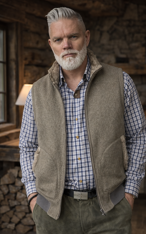 Férfi gyapjúszövet-bőr mellény, fregoli, olíva