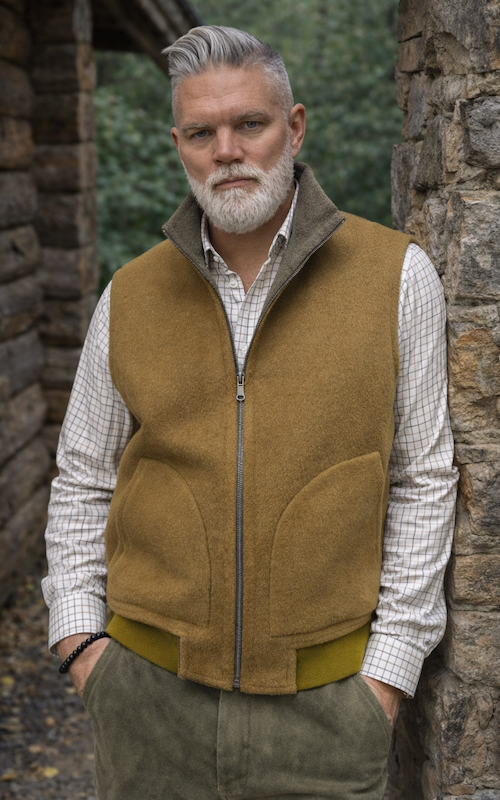 Férfi gyapjúszövet-bőr mellény, fregoli, mustársárga