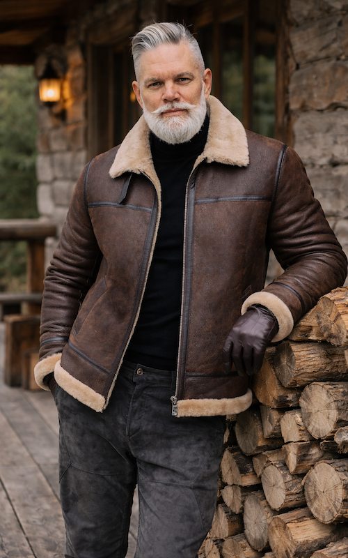 Férfi irha kabát, pilóta, barna színben