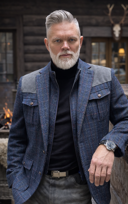 Férfi gyapjúszövet kabát, bőr díszítéssel, kockás, kék színben